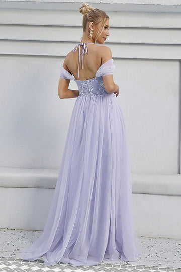 Vestido formal largo lila de tul de tul una línea